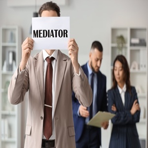 Mediator holding a sign between two parties in a Florida workers' compensation mediation